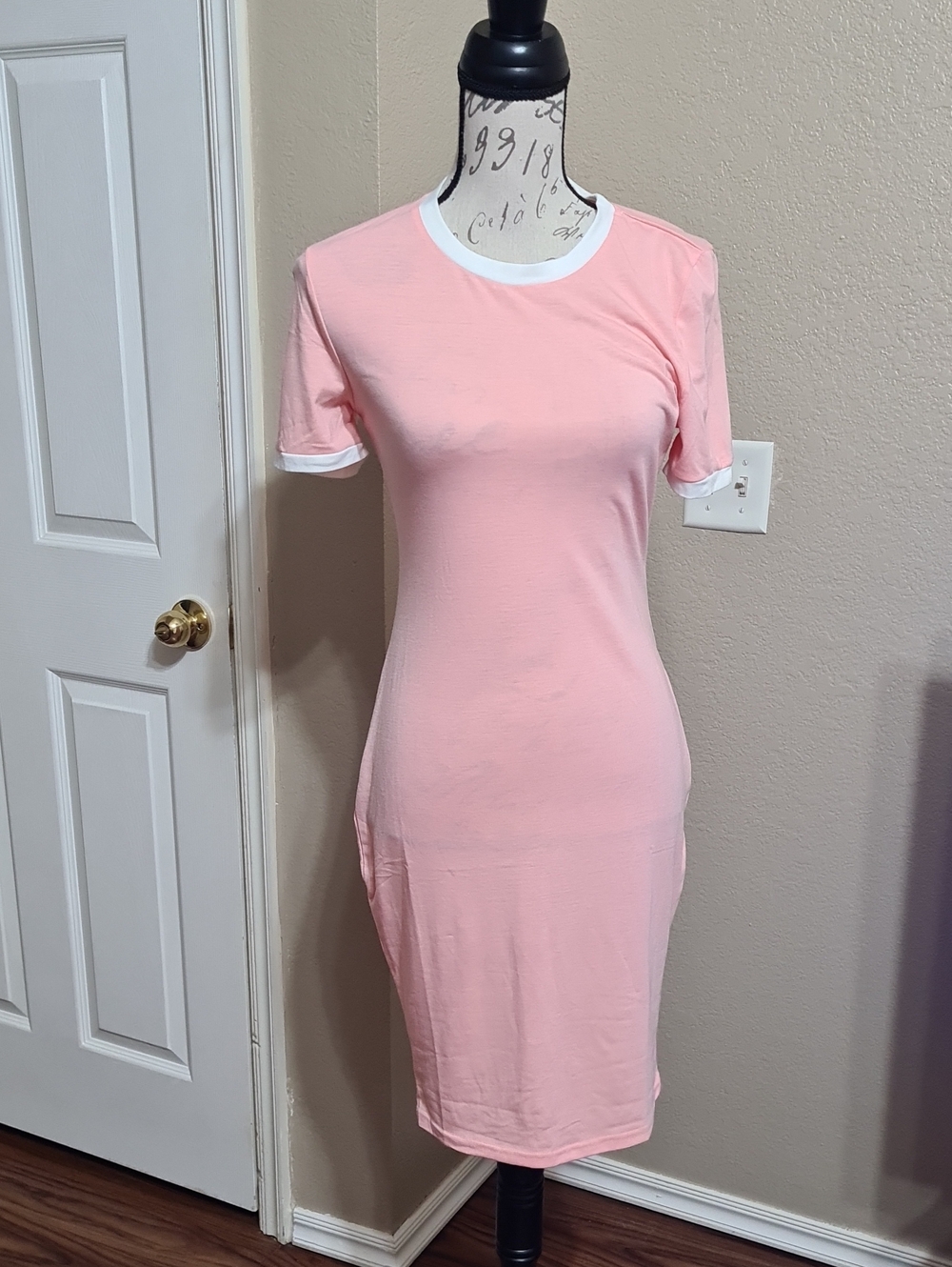 SHEIN Pink Ringer Midi Tee Dress with White Trim